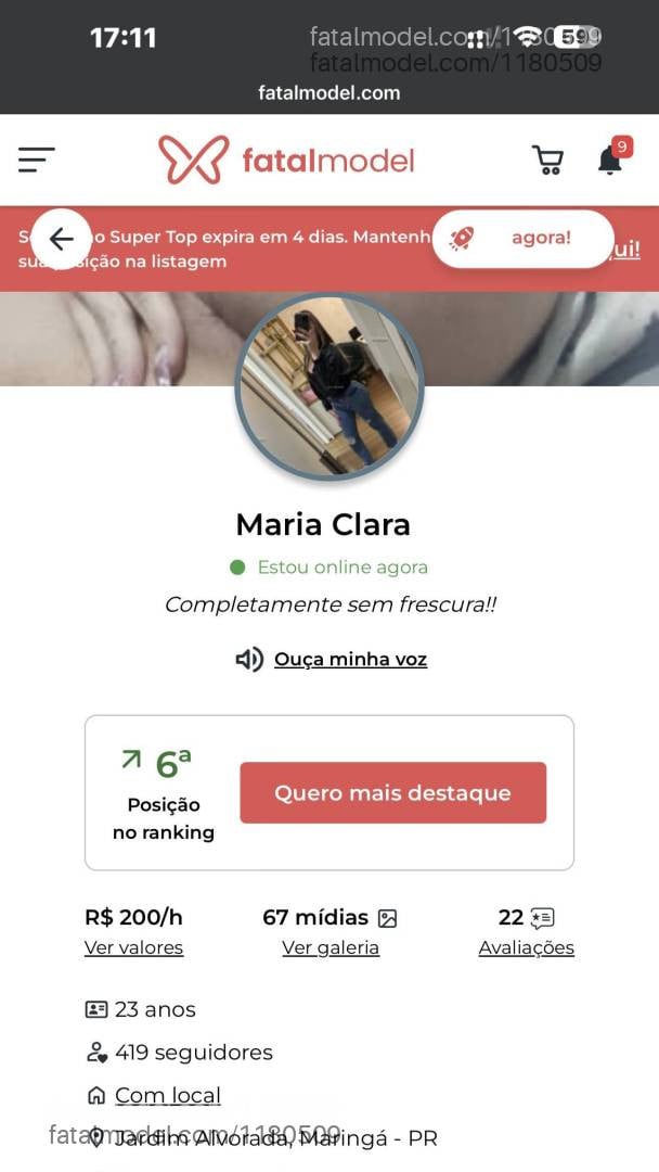 Acompanhante mulher trans com cabelo castanho de olhos castanhos em Maringá - Maria Clara