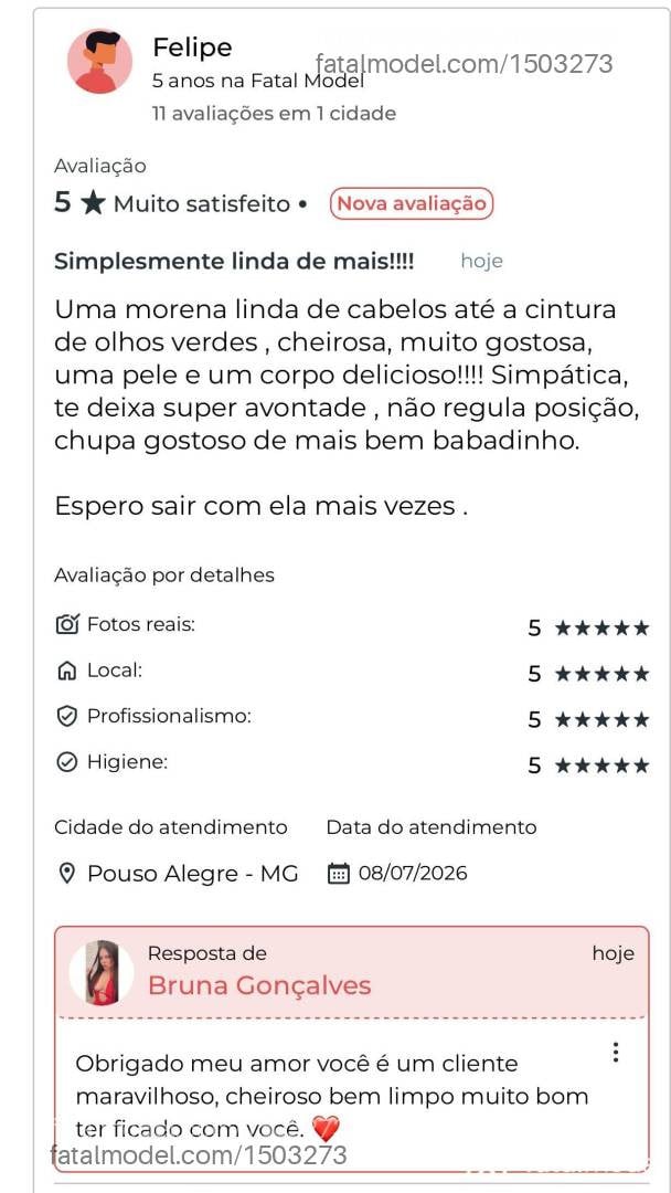 Acompanhante mulher morena (o) de olhos verdes em Pouso Alegre - Bruna Gonçalves