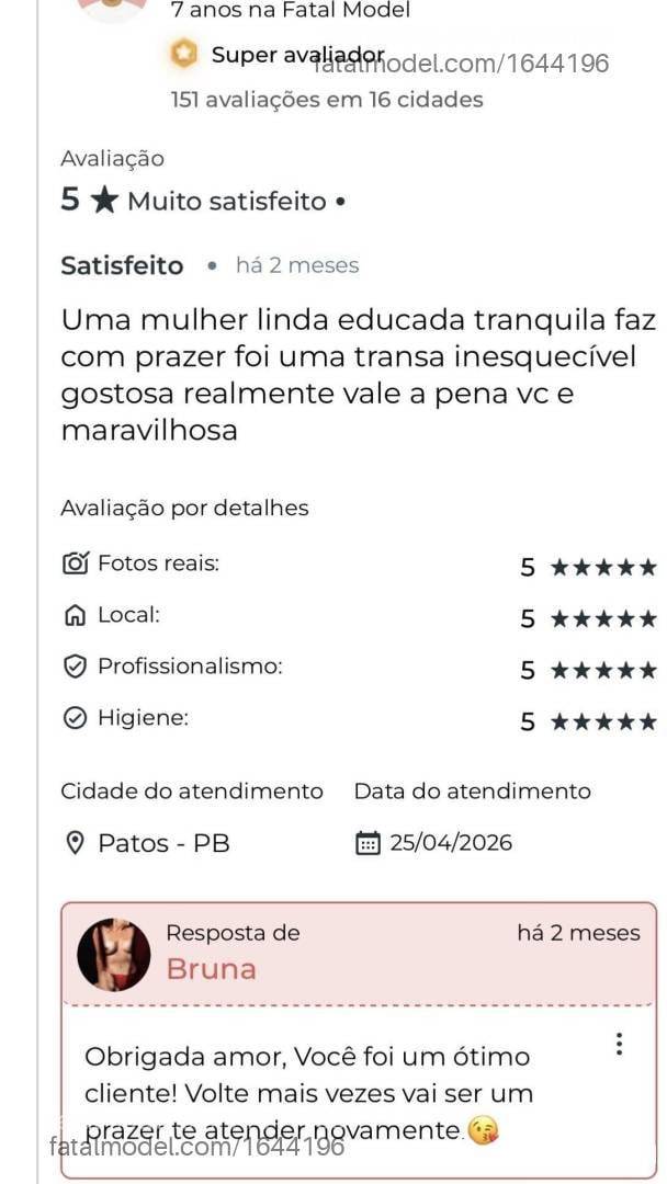 Acompanhante mulher morena (o) de olhos castanhos em Patos - Bruna