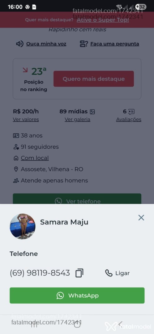 Acompanhante mulher morena (o) de olhos castanhos em Vilhena - Samara Maju